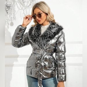 Fuzzy Collar Belted Puffer Coat Winter Outerwears
